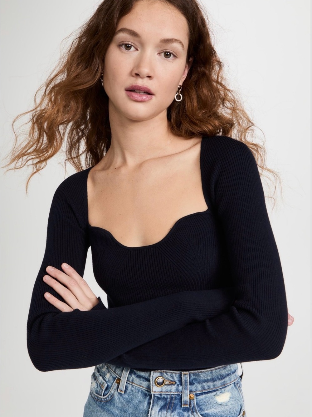 PISTOLA Taryn Black Sweetheart Neck Ribbed Cashmere Blend Top Sweater S⁠